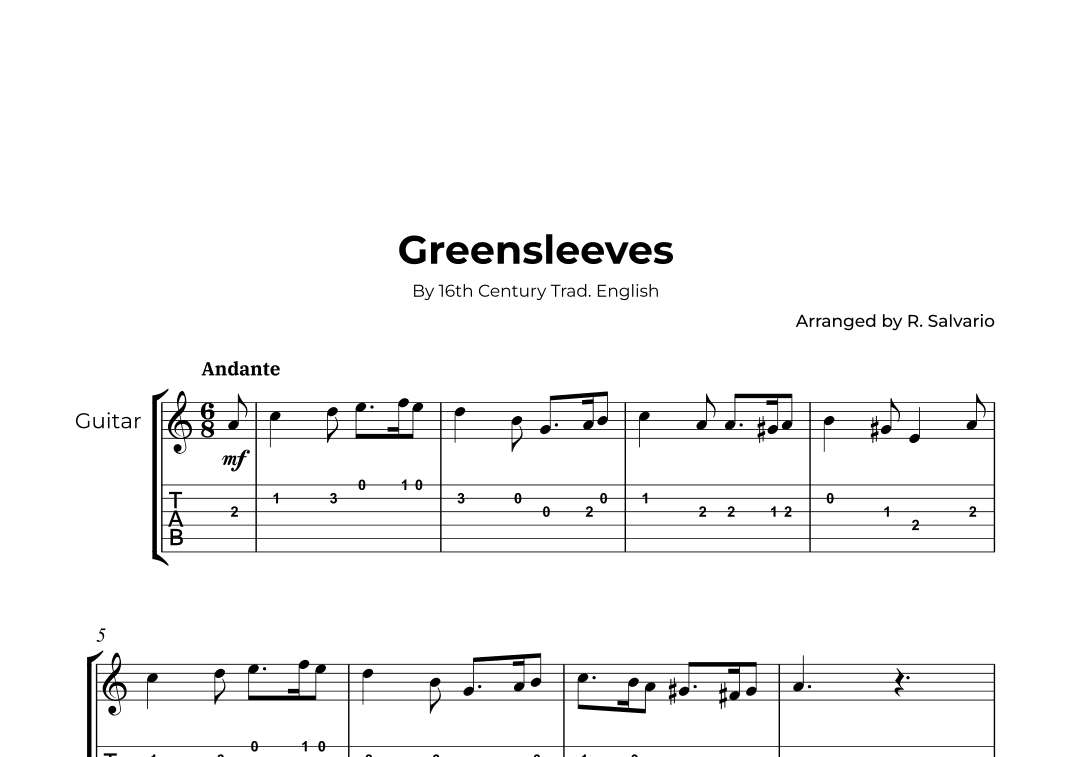 Greensleeves (Guitar Tab) (arr. R. Salvario)