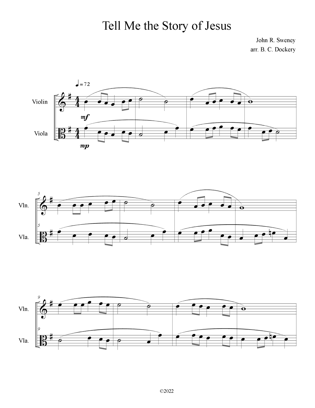 Tell Me the Story of Jesus (Violin and Viola Duet) (arr. B. C. Dockery)