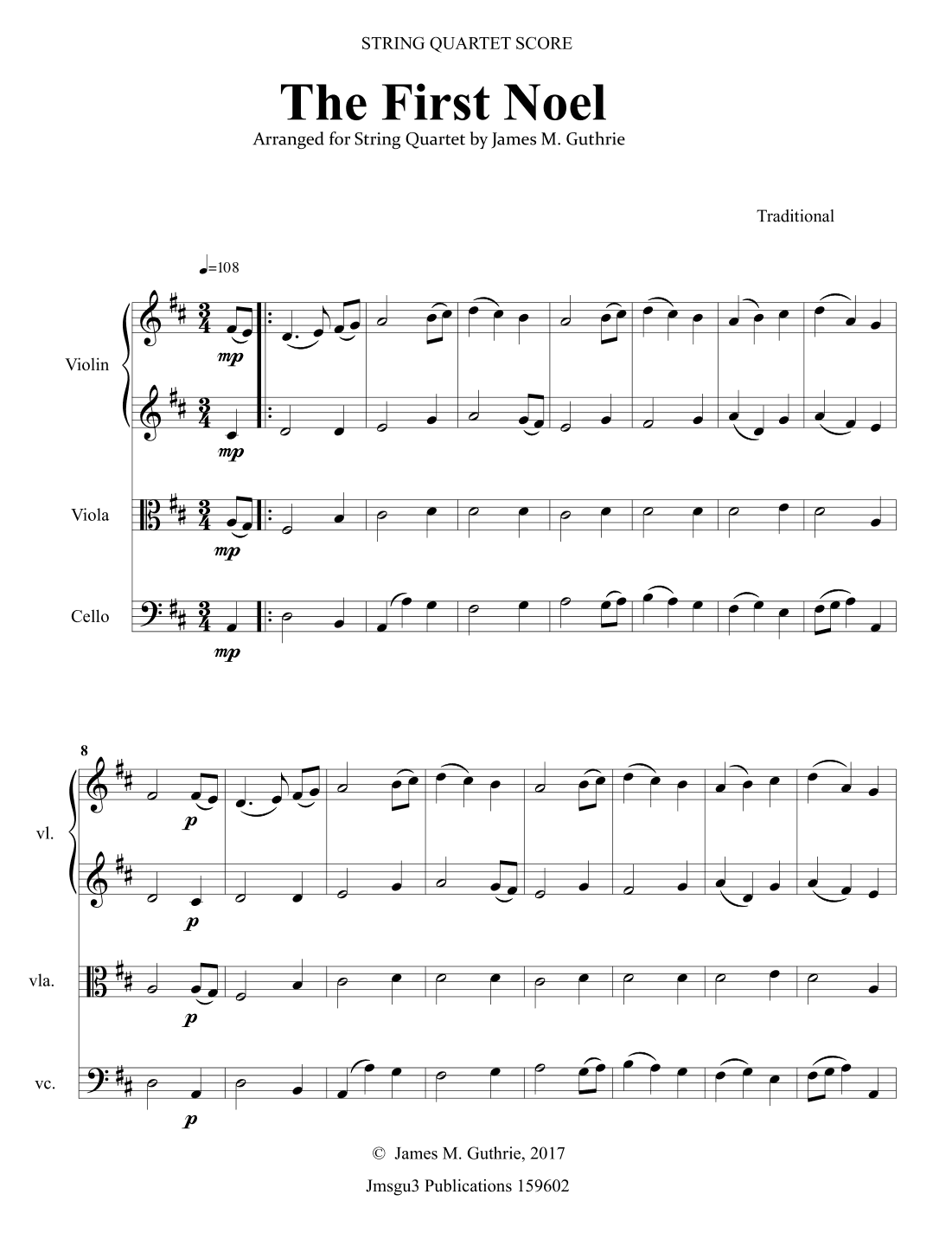 The First Noel for String Quartet (arr. James M. Guthrie, ASCAP)