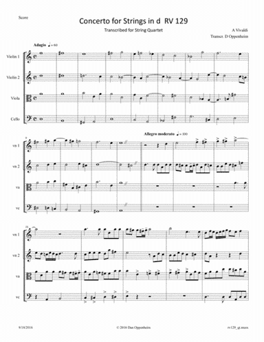 Vivaldi: Concerto for Strings in d  RV 129; Movements 1, 2 and 3. Arranged for String Quartet (arr. D Oppenheim)