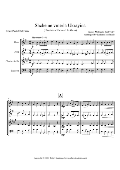Shche ne vmerla Ukrayina (Ukrainian National Anthem) -  WOODWIND QUARTET - Score & Parts inc. (arr. Robert Steadman)