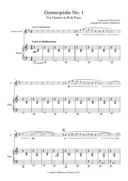 Gymnopedie No. 1 for Clarinet in B Flat and Piano (arr. Andrew Middleton)