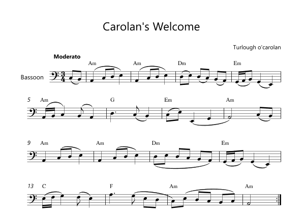 Carolan's Welcome - Bassoon Lead Sheet with Chord Symbols (arr. Victor Araújo)