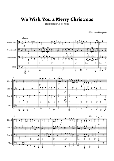 We Wish you a Merry Christmas for Brass Ensemble Quartet with Chords (arr. Rika K.)