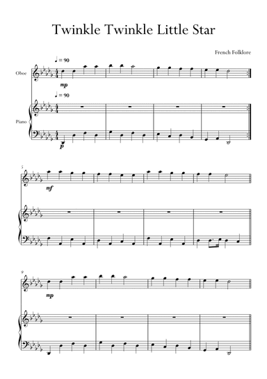 Twinkle Twinkle Little Star in Db Major for Oboe and Piano. Very Easy. (arr. Matheus Araújo)