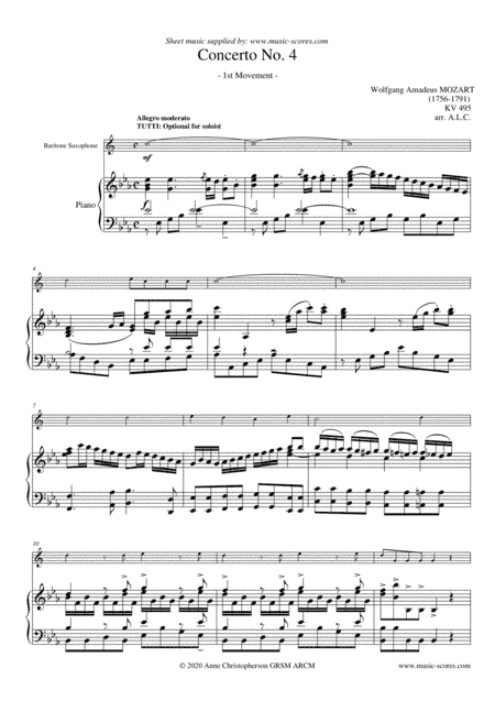 Allegro from Mozart's 4th horn concerto - Baritone Sax and Piano (arr. Anne Christopherson GRSM ARCM)