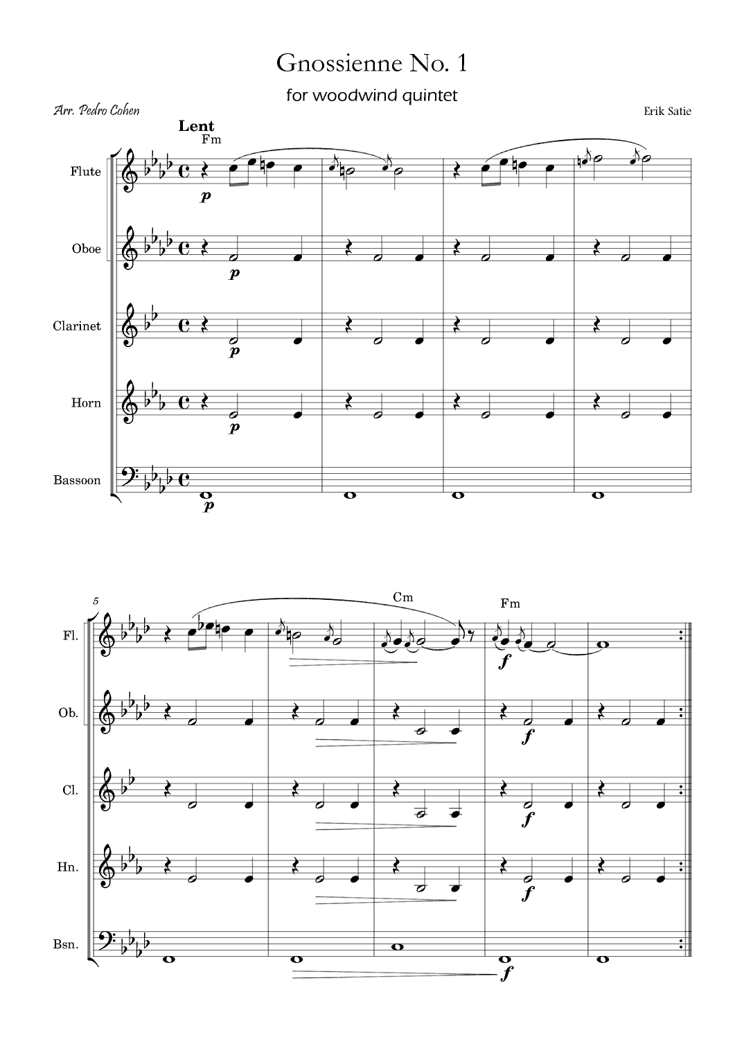 Gnossienne No. 1 – for Woodwind Quintet with chords (arr. Pedro Cohen)