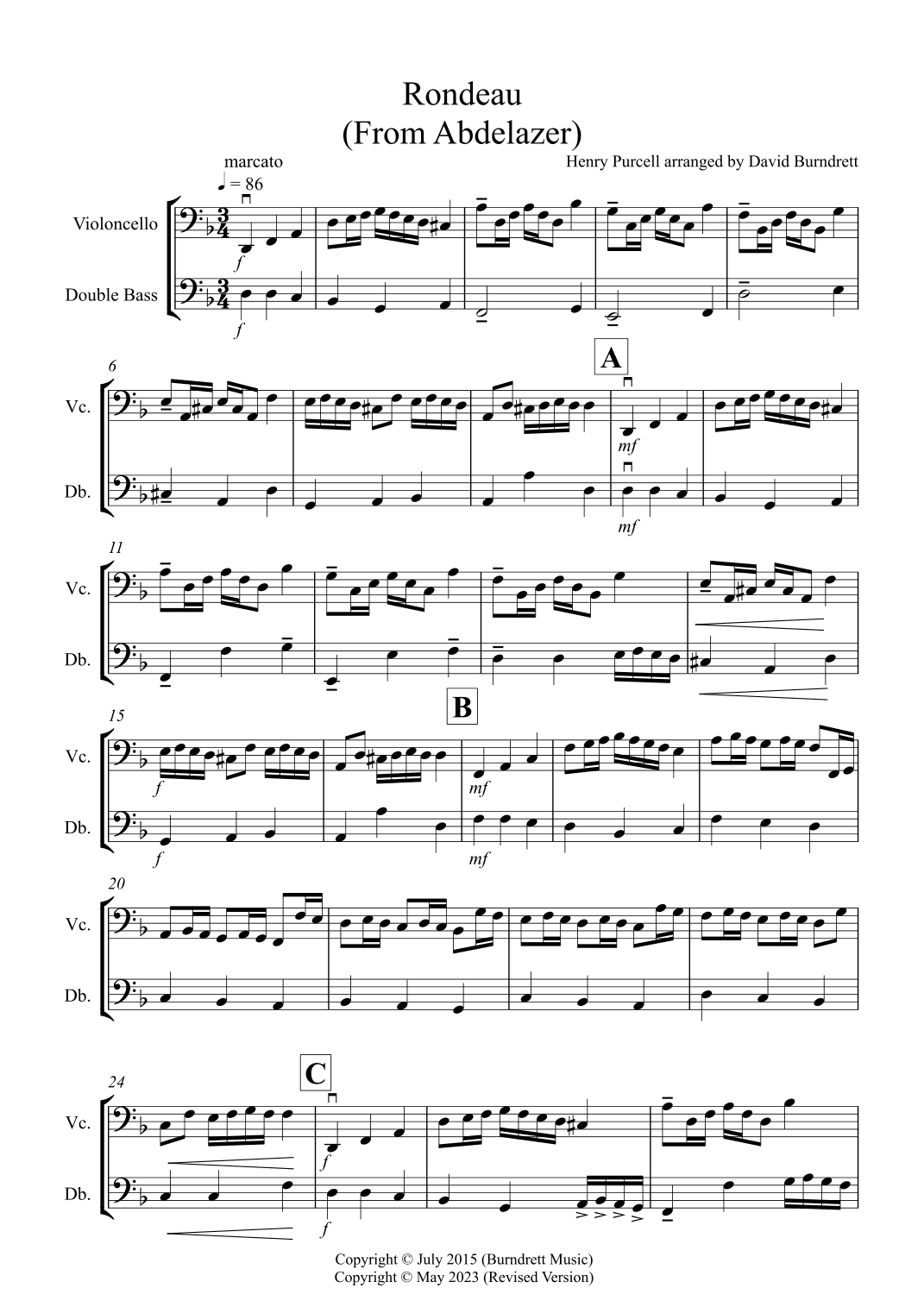 Rondeau (from Abdelazer) for Cello and Double Bass (arr. David Burndrett)