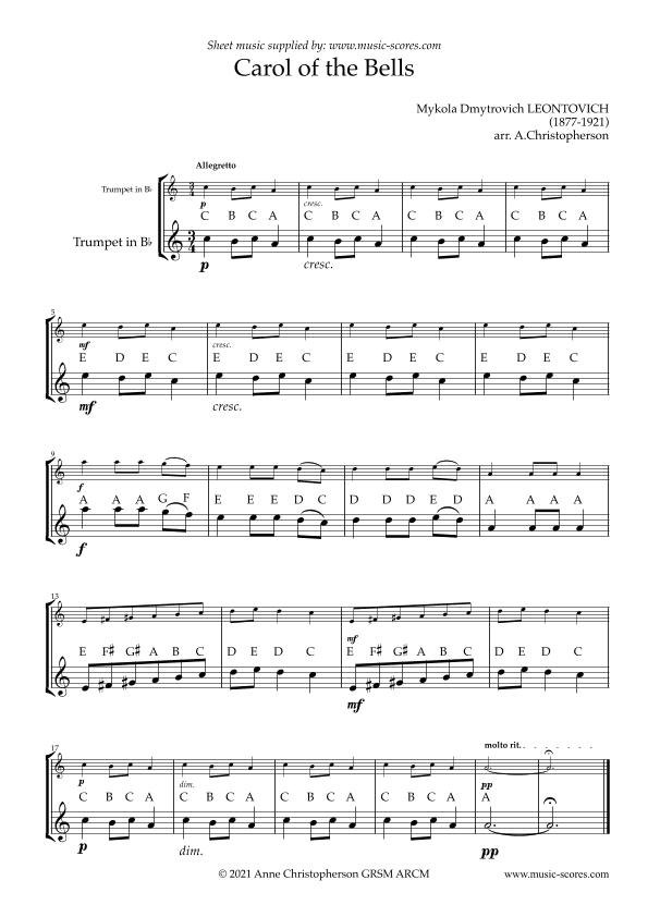 Carol of the Bells - Easy Trumpet with note names (arr. Anne L Christopherson GRSM ARCM)