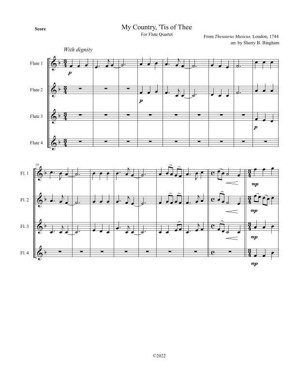 "My Country, 'Tis of Thee" for Flute Quartet (arr. Sherry B. Bingham)