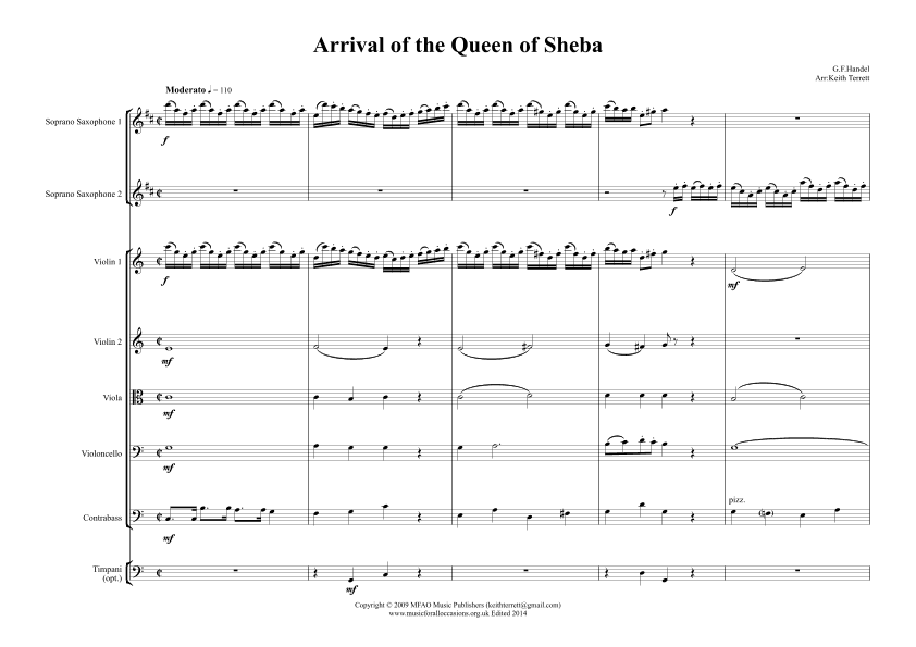 The Arrival of the Queen of Sheba for 2 Bb Soprano Saxophones & Orchestra (arr. Keith Terrett)
