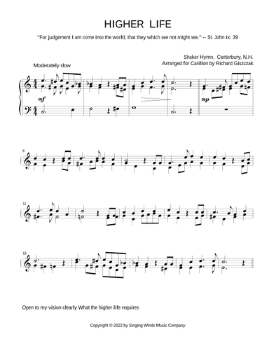 HIGHER LIFE -- Open to my vision clearly  (Shaker hymn) (arr. Richard Giszczak)
