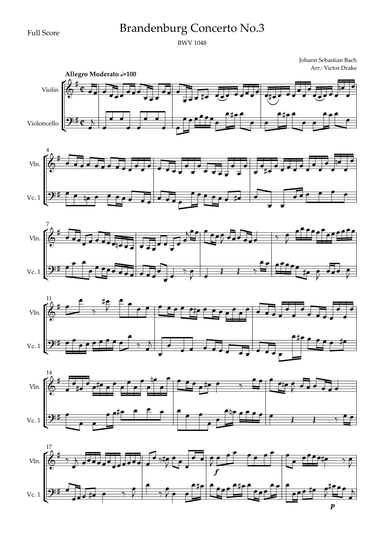Brandenburg Concerto No. 3 in G major, BWV 1048 1st Mov. (J.S. Bach) for Violin & Cello (arr. Victor Drake)