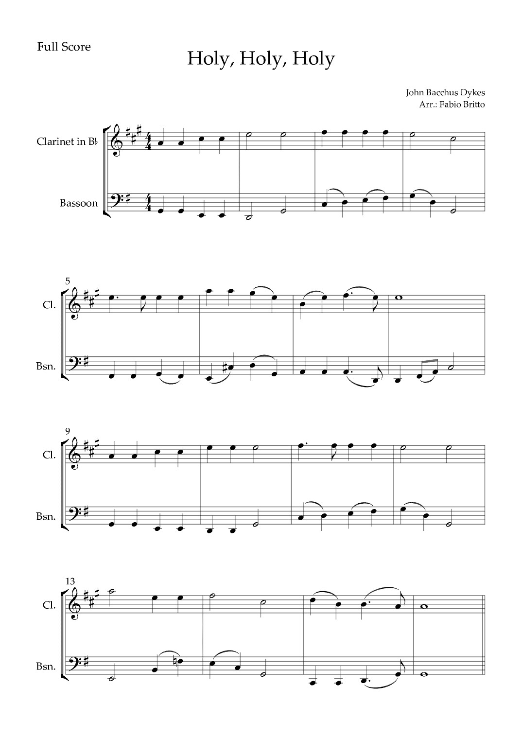 Holy, Holy, Holy (Traditional Christian Song) for Clarinet in Bb & Bassoon Duo (arr. Fabio Britto)