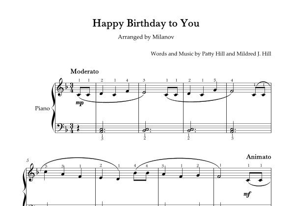 Happy Birthday to You Piano in F Easy Intermediate Full Fingering (arr. Milanov)