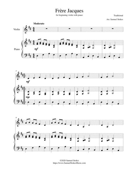 Frère Jacques (Are You Sleeping?) - for beginning violin with optional piano accompaniment (arr. Samuel Stokes)
