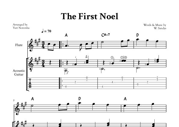 The First Noel - For Flute in A and Acoustic Guitar (TAB) (arr. Yuri Noronha)