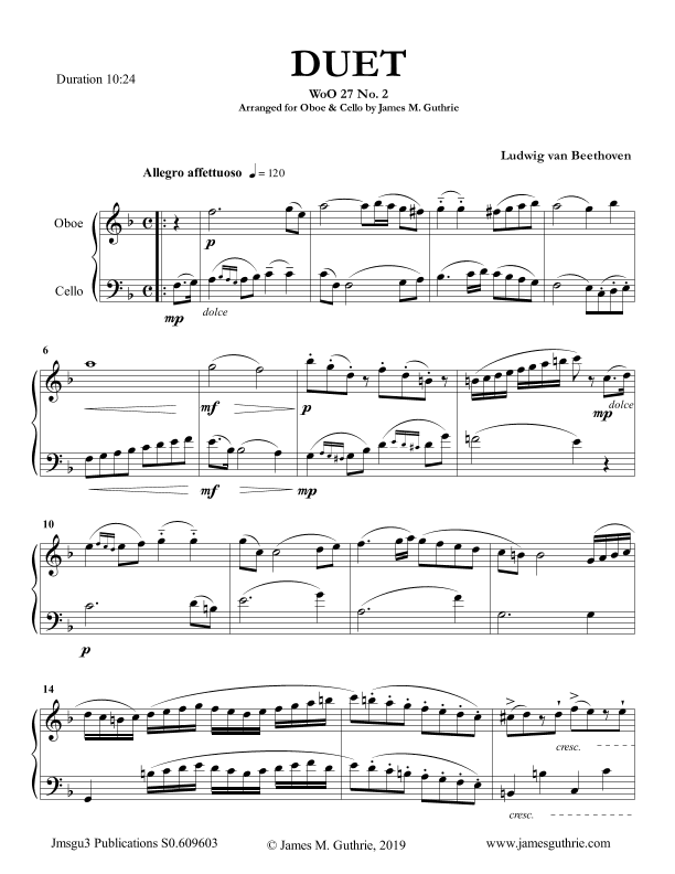 Beethoven: Duet WoO 27 No. 2 for Oboe & Cello (arr. James M. Guthrie, ASCAP)