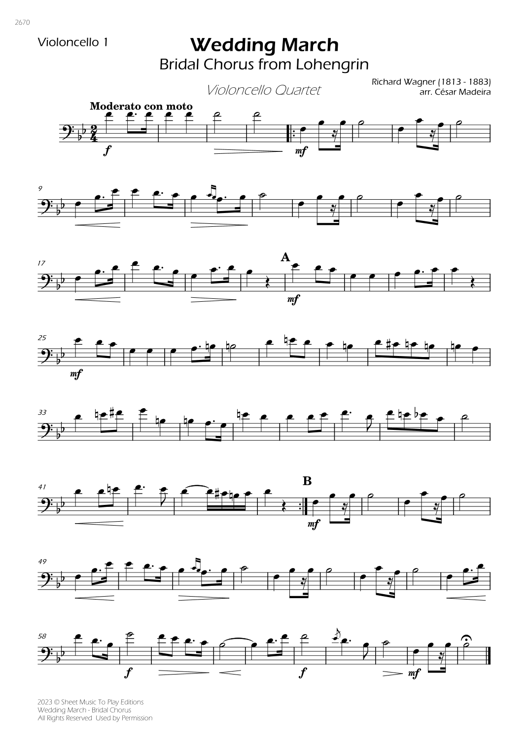 Wedding March (Bridal Chorus) - Cello Quartet (Individual Parts) (arr. César Madeira)