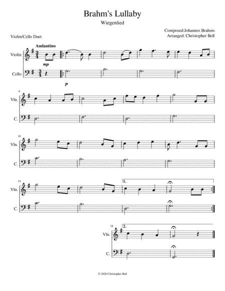 Brahms Lullaby - Easy Violin/Cello Duet (arr. Christopher Bell)