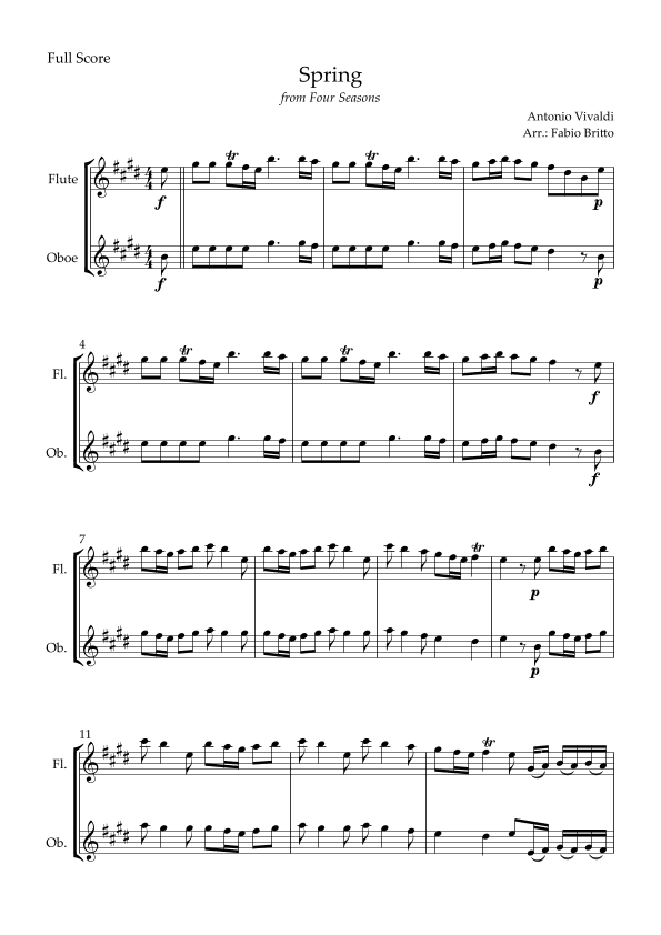 Spring (from Four Seasons of Antonio Vivaldi) for Flute & Oboe Duo (arr. Fabio Britto)