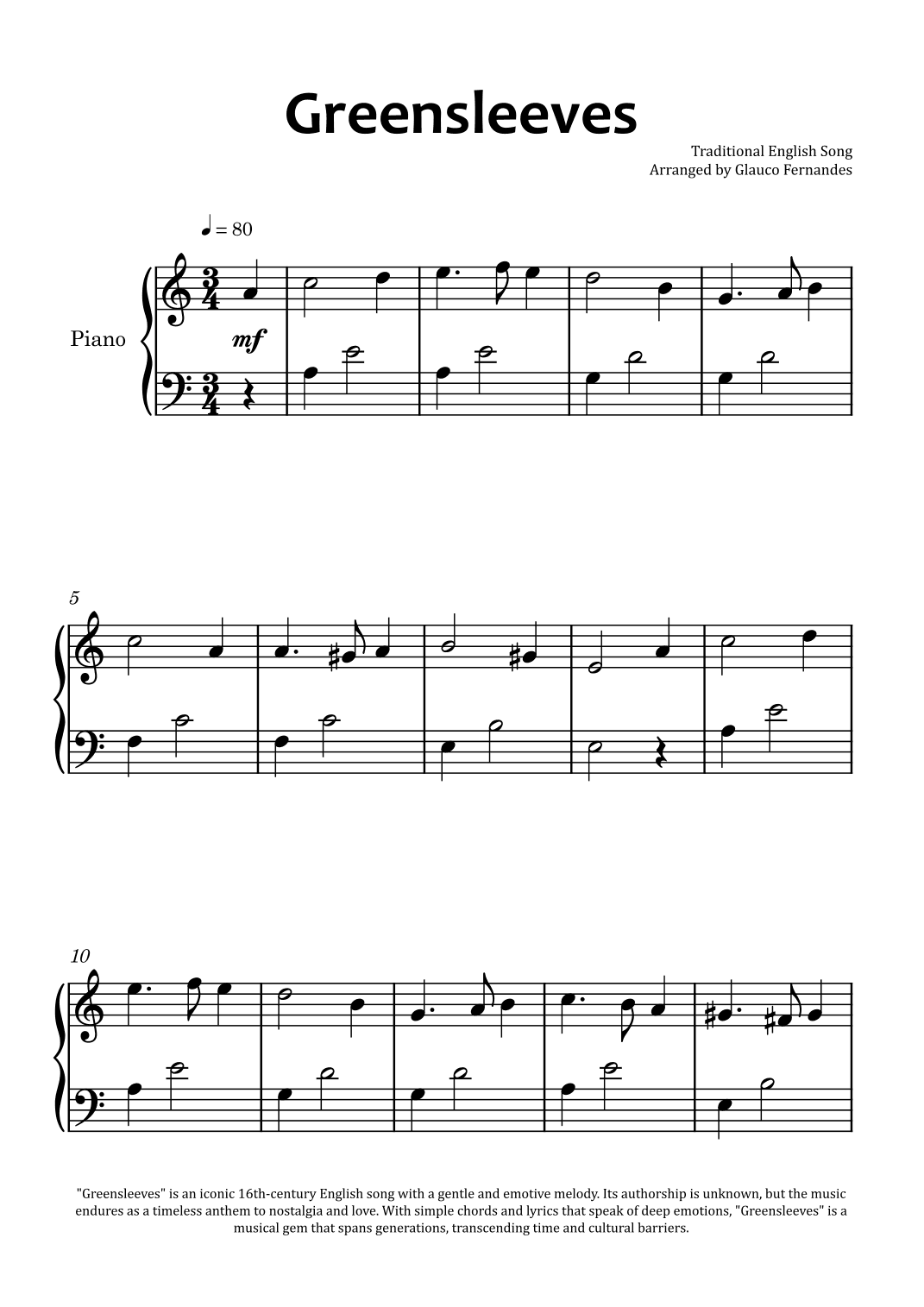 Greensleeves - Easy Piano (arr. Glauco Fernandes)