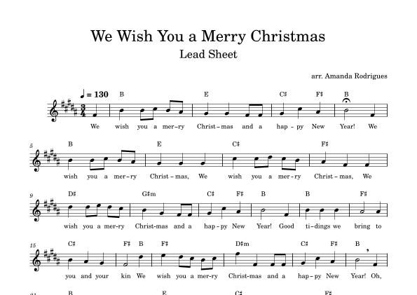 We Wish You a Merry Christimas - Easy Lead Sheet in B Major (arr. Amanda Rodrigues)
