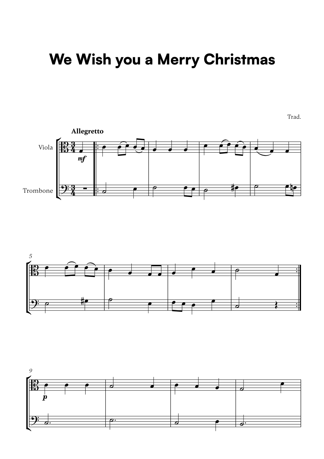 Trad. - We Wish you a Merry Christmas (for Viola and Trombone) (arr. Cadenza Editions)