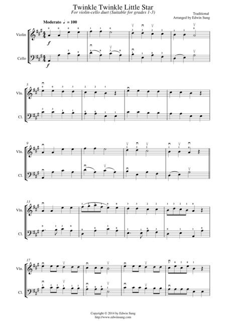 Twinkle Twinkle Little Star (for violin-cello duet, suitable for grades 1-3) (arr. Edwin Sung)