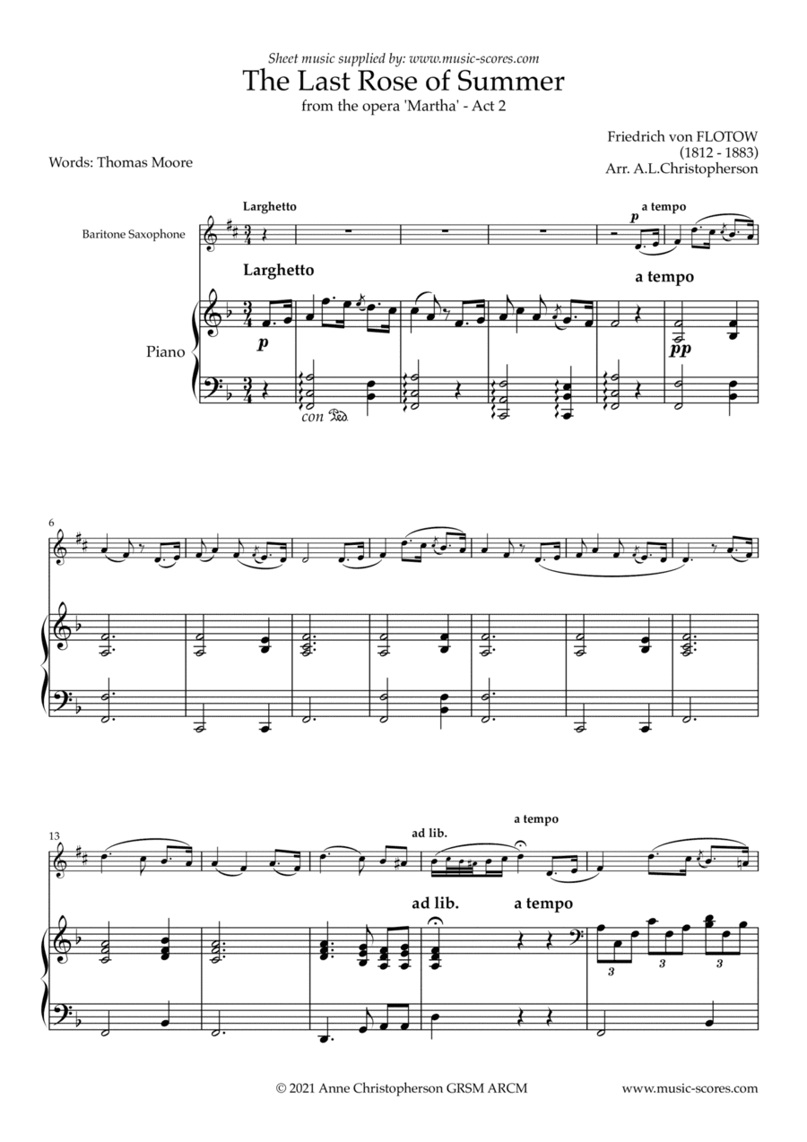 The Last Rose of Summer - von Flotow - Baritone Sax and Piano (arr. Anne L Christopherson GRSM ARCM)