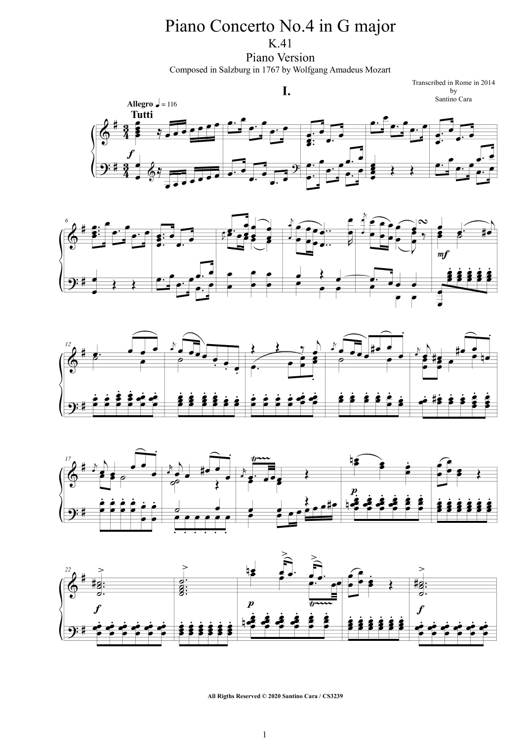 Mozart - Piano Concerto No.4 in G major K.41 - Piano Version (arr. Santino Cara)