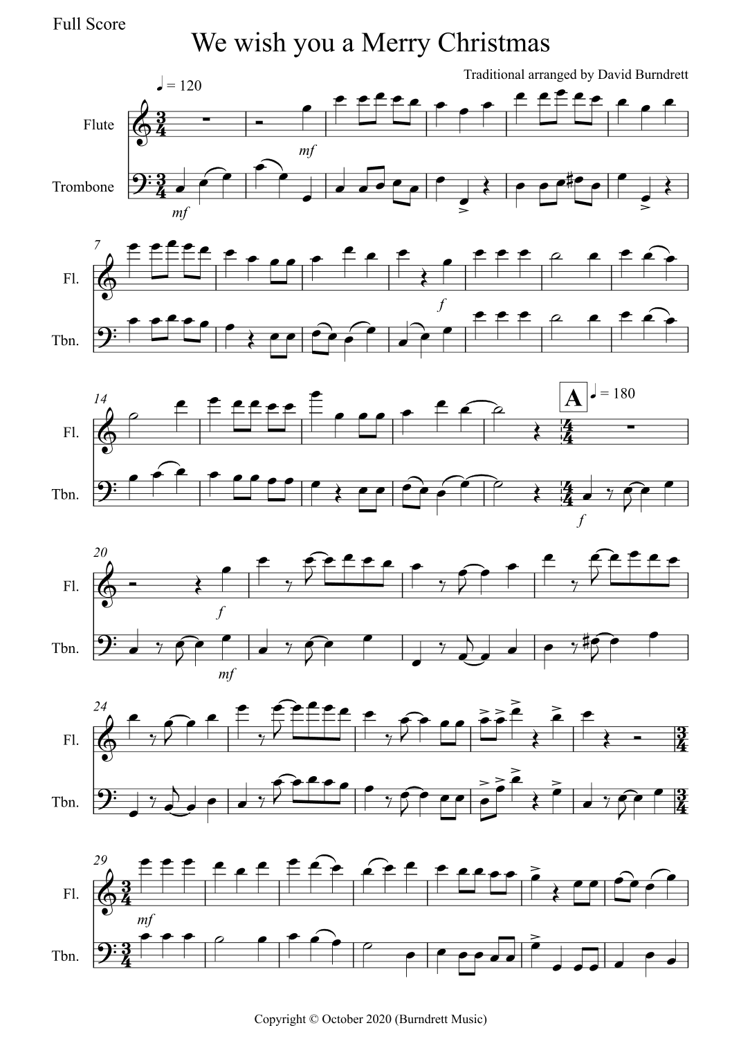 We Wish You a Merry Christmas for Flute and Trombone Duet (arr. David Burndrett)