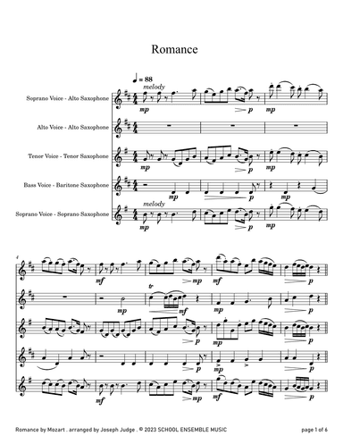 Romance by Mozart for Saxophone Quartet in Schools (arr. Joseph Judge)