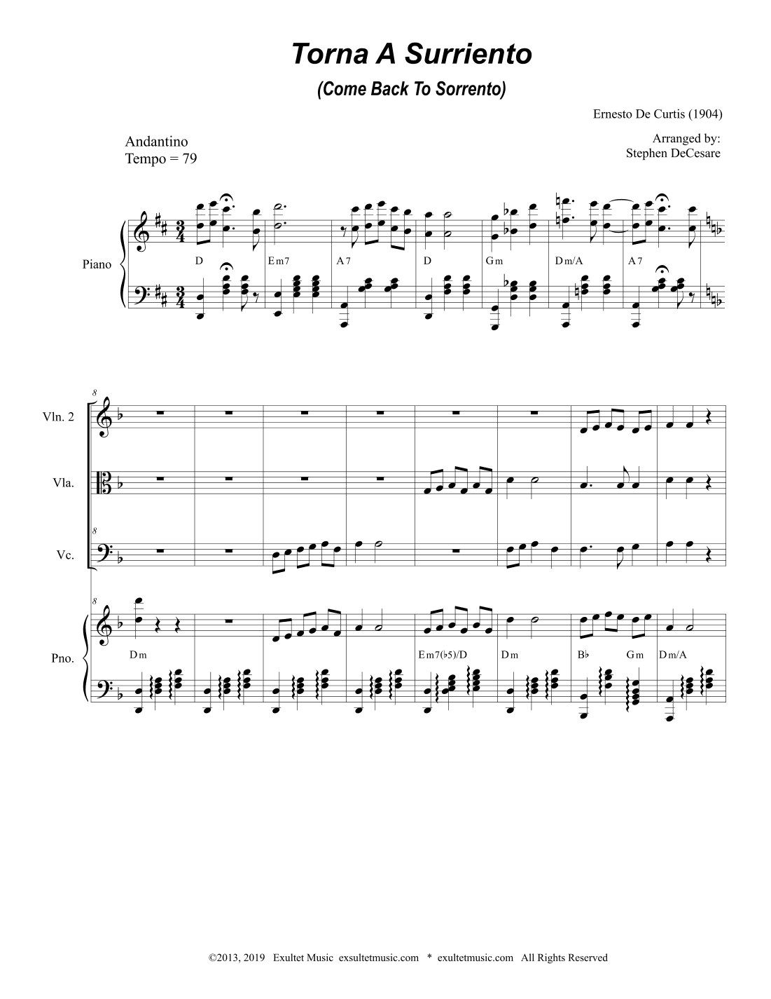 Torna A Surriento (Come Back to Sorrento) (String Quartet and Piano) (arr. Stephen DeCesare)