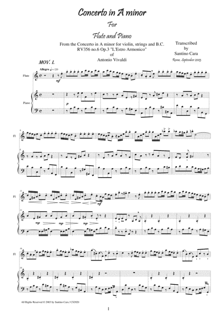 Vivaldi concerto in A minor RV356 n.6 op.3 for flute and piano (arr. Santino Cara)