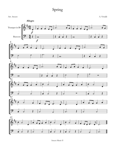 vivaldi spring easy Trumpet and Bassoon sheet music (arr. Arezzo Music)