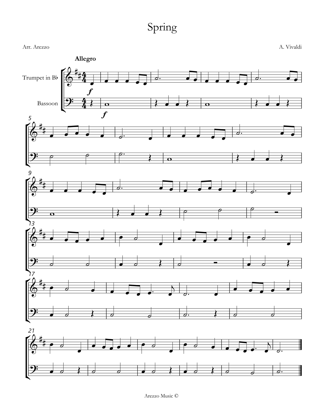 vivaldi spring easy Trumpet and Bassoon sheet music (arr. Arezzo Music)