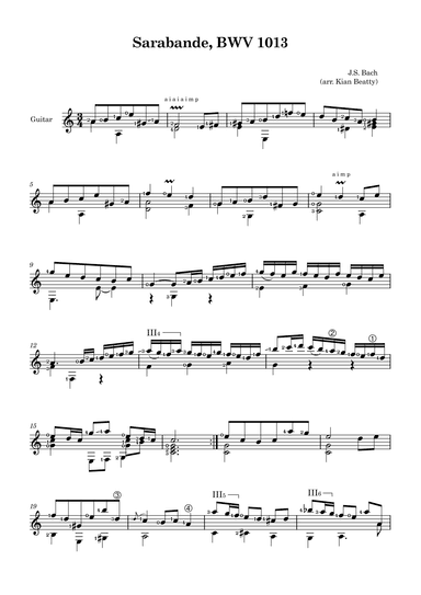 Sarabande, BWV 1013 - Classical Guitar (arr. Kian Beatty)