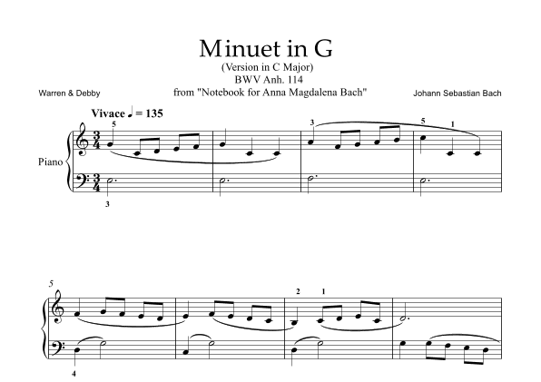 Minuet In G (Version in C Major) Easy (arr. Warren & Debby)