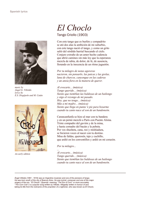 El choclo - lead sheet with guitar chords and lyrics (arr. Klas Krantz)