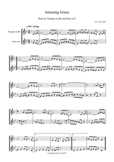 Amazing Grace. Duet for Trumpet and French Horn (arr. Tim Curd.)