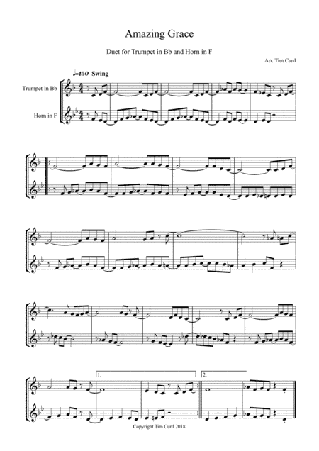 Amazing Grace. Duet for Trumpet and French Horn (arr. Tim Curd.)