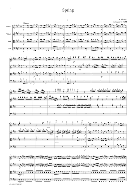 Vivaldi  Spring from the Four Seasons, all mvts., for string quartet, CV101 (arr. FCMUSIC)