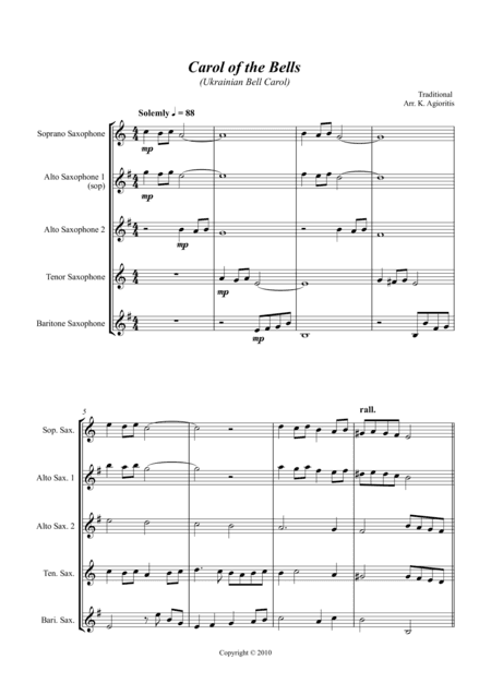 Carol of the Bells (Ukrainian Bell Carol) - Jazz Arrangement for Saxophone Quartet (arr. Kate Agioritis)
