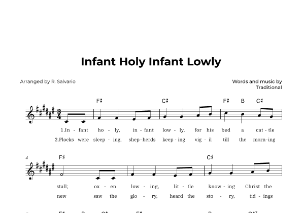 Infant Holy Infant Lowly (Key of F-Sharp Major) (arr. R. Salvario)