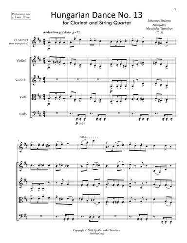 Hungarian Dance No.13, for Clarinet and String Quartet (arr. Alexander Timofeev)