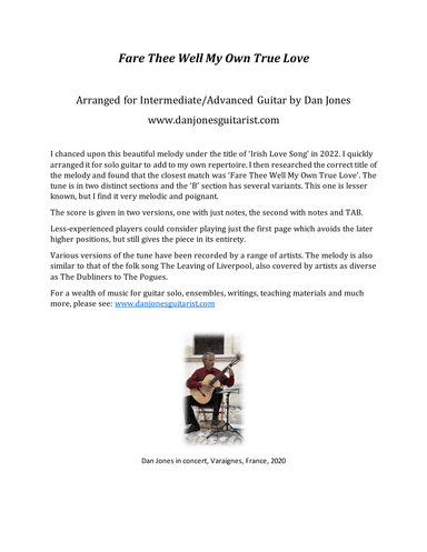 Fare Thee Well My Own True Love (arr. Dan Jones www.danjonesguitarist.com)