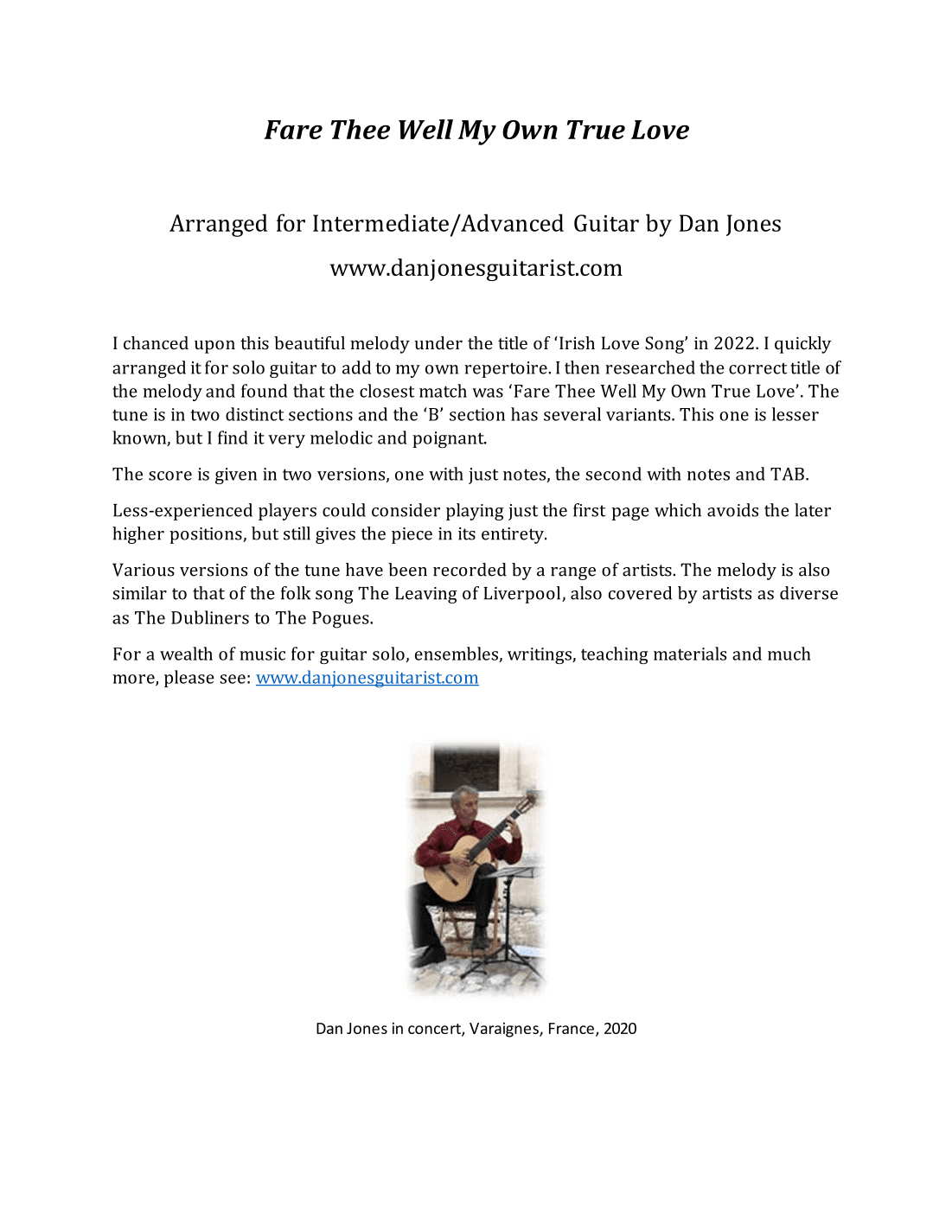 Fare Thee Well My Own True Love (arr. Dan Jones www.danjonesguitarist.com)