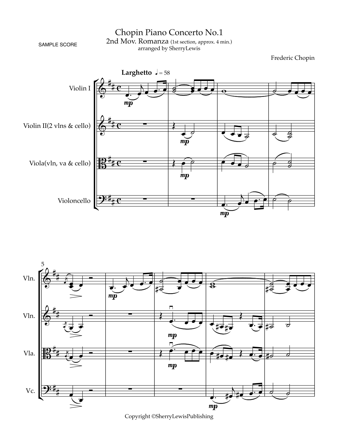 Chopin Piano Concerto No. 1, 2nd Movement - Romanza-, first theme for String Trio (arr. Sherry Lewis)