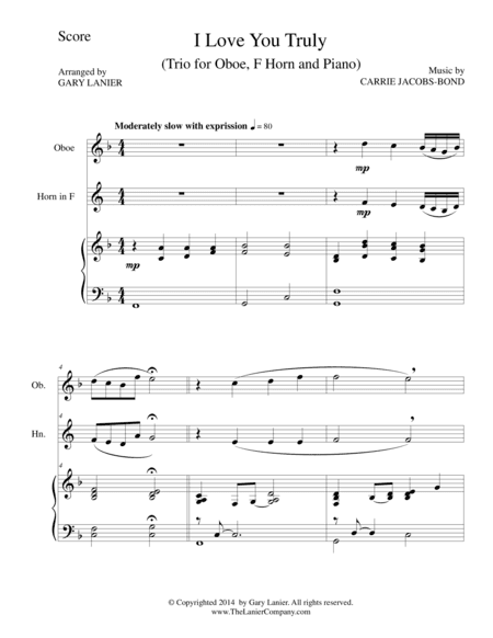 I LOVE YOU TRULY (Trio – Oboe, F Horn, and Piano with Score and Parts) (arr. Gary Lanier)